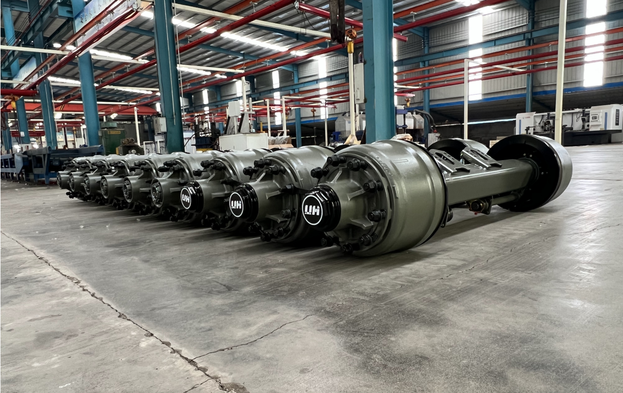 Rows of fully assembled heavy-duty multi-axle sets inside the HUAYUE workshop, showcasing our in-house control over critical suspension components for reliable after-sales support