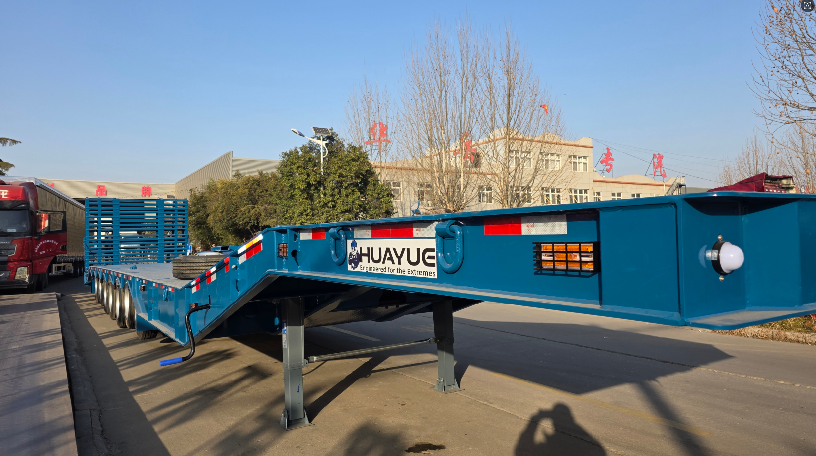 A HUAYUE 7-axle heavy-duty lowbed trailer, custom-manufactured strictly according to Malaysia JPJ regulations, captured at the factory, showcasing exceptional compliance engineering