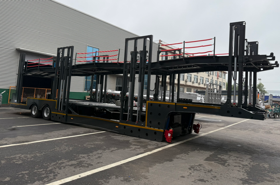 A heavy-duty car carrier trailer exclusively designed for the Australian market by HUAYUE, maximizing every inch of loading space without exceeding the 14.5m legal limit