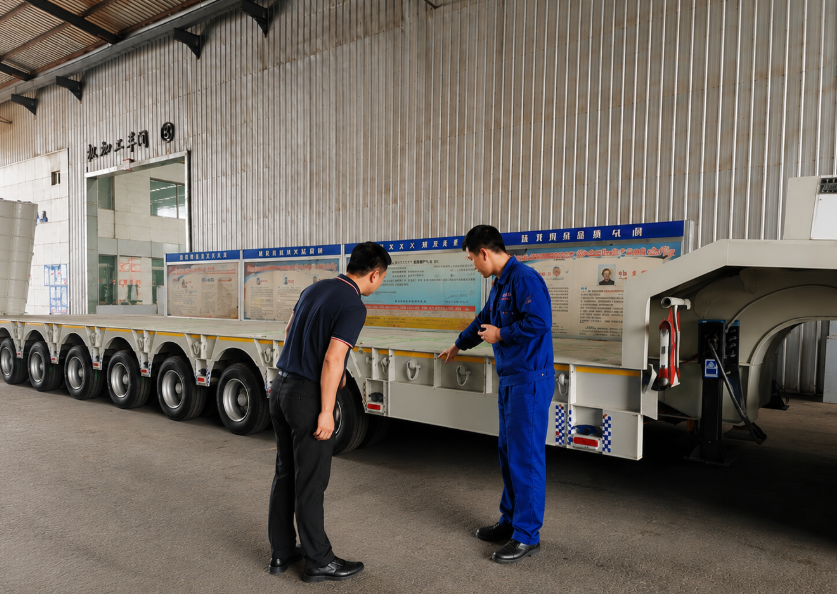 Vietnamese heavy transport client visits the HUAYUE factory, inspecting the thickened chassis structure and craftsmanship of the 8-axle lowbed trailer alongside a technical engineer.
